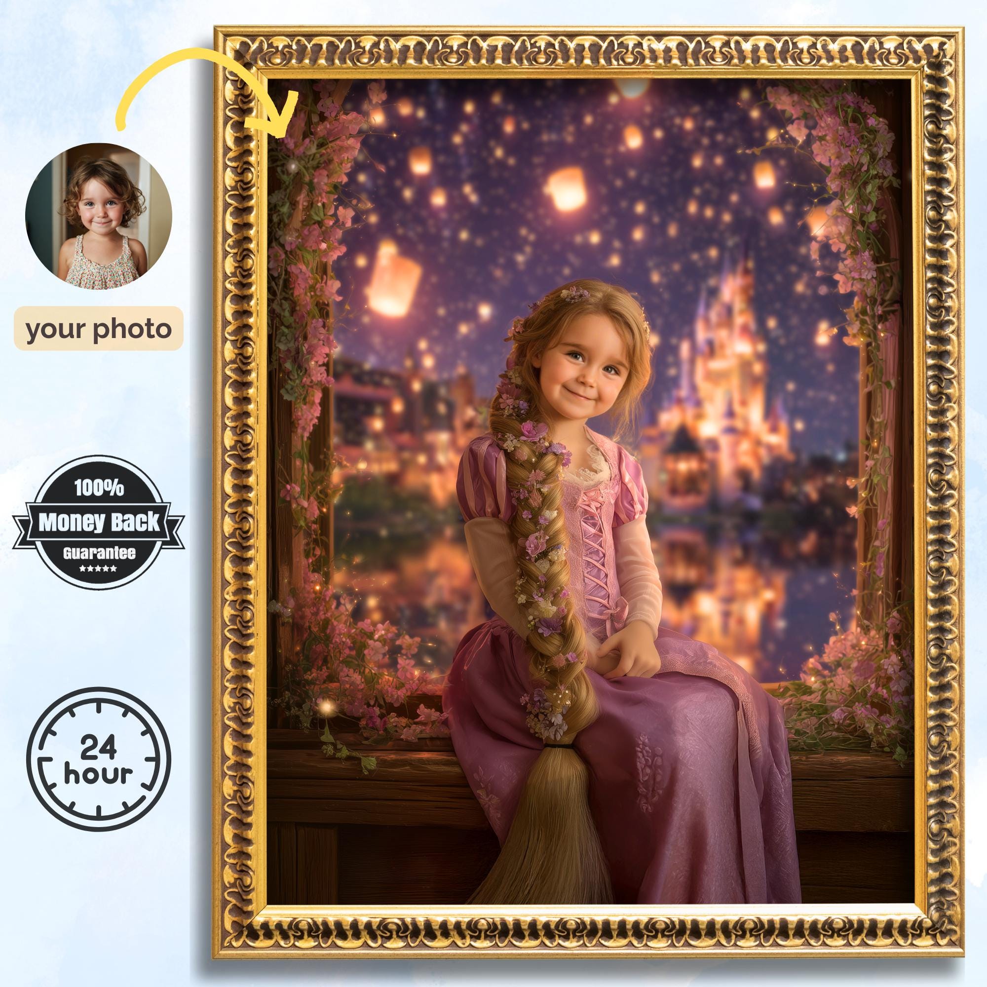 Custom Rapunzel Portrait: Fairytale Princess Art, Fantasy Child Gift (Digital or Canvas - Image 1