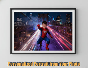 Custom Spiderman Portrait | Boy on Brooklyn Bridge | Superhero City Art | Digital Download - Image 1