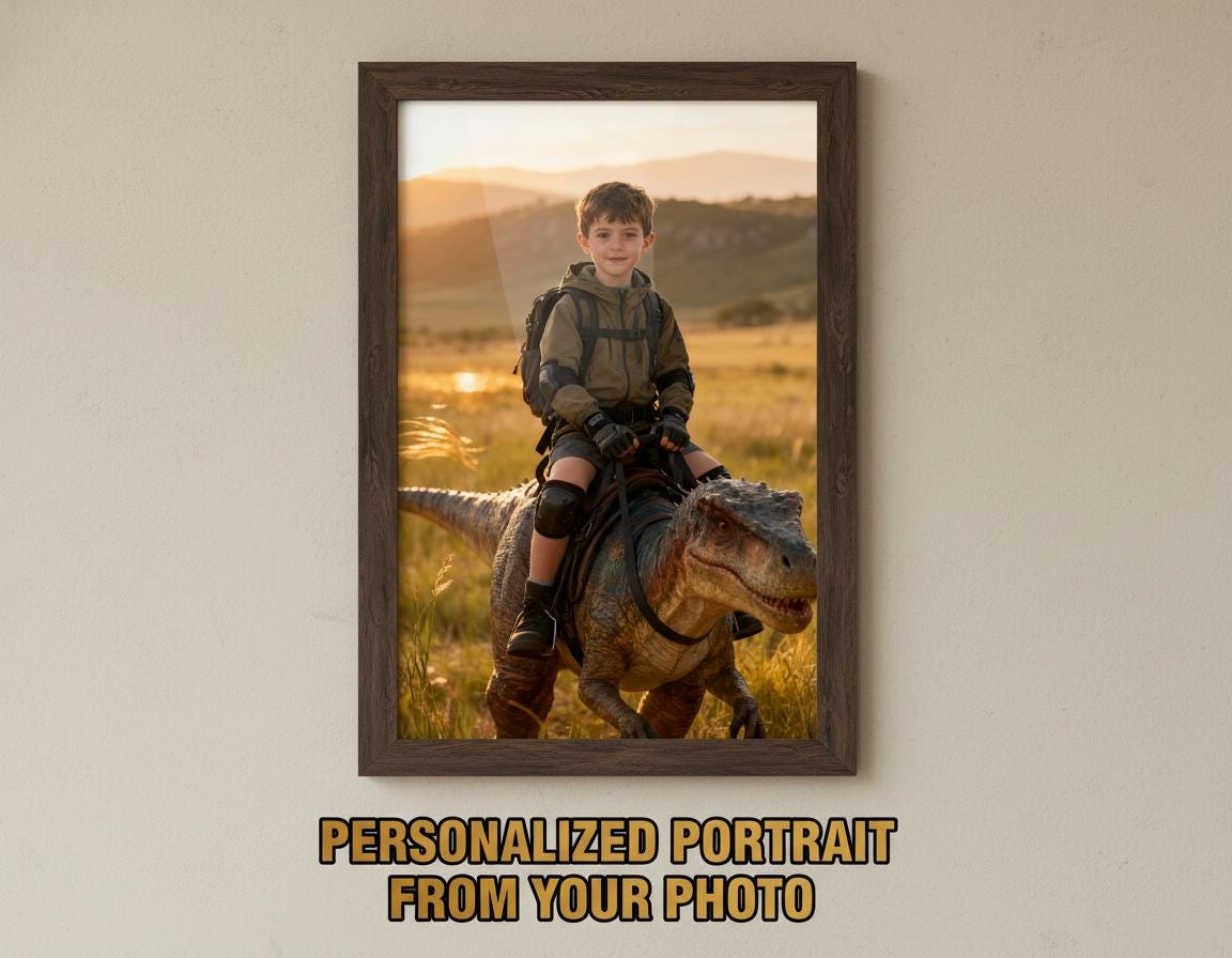 Custom Dinosaur Portrait | Boy Riding Parasaurolophus | Grassland Adventure Art | Digital Download - Image 1