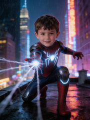Personalized Iron Spider Portrait, Rainy Neon City Art, Boy Superhero Gift - Image 2