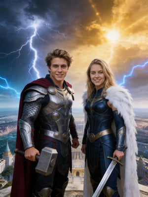 Custom Thor Couple Portrait, Personalised God of Thunder Gift, Asgard Wall Art - Image 2