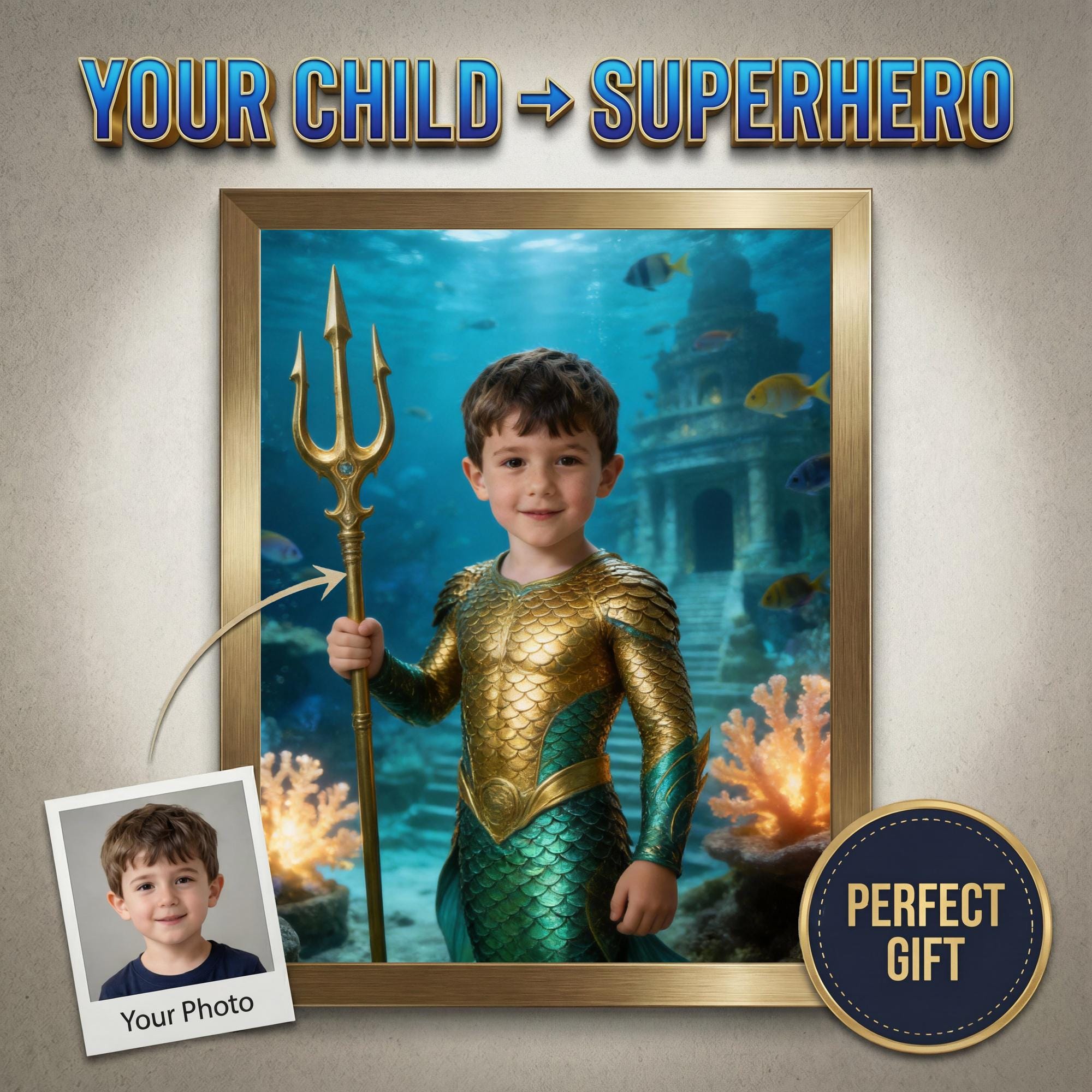 Custom Aquaman Portrait, Personalised King of Atlantis Gift, Superhero Wall Art for Kids, Ocean Theme Superhero Decor, Custom Sea Hero Art - Image 1
