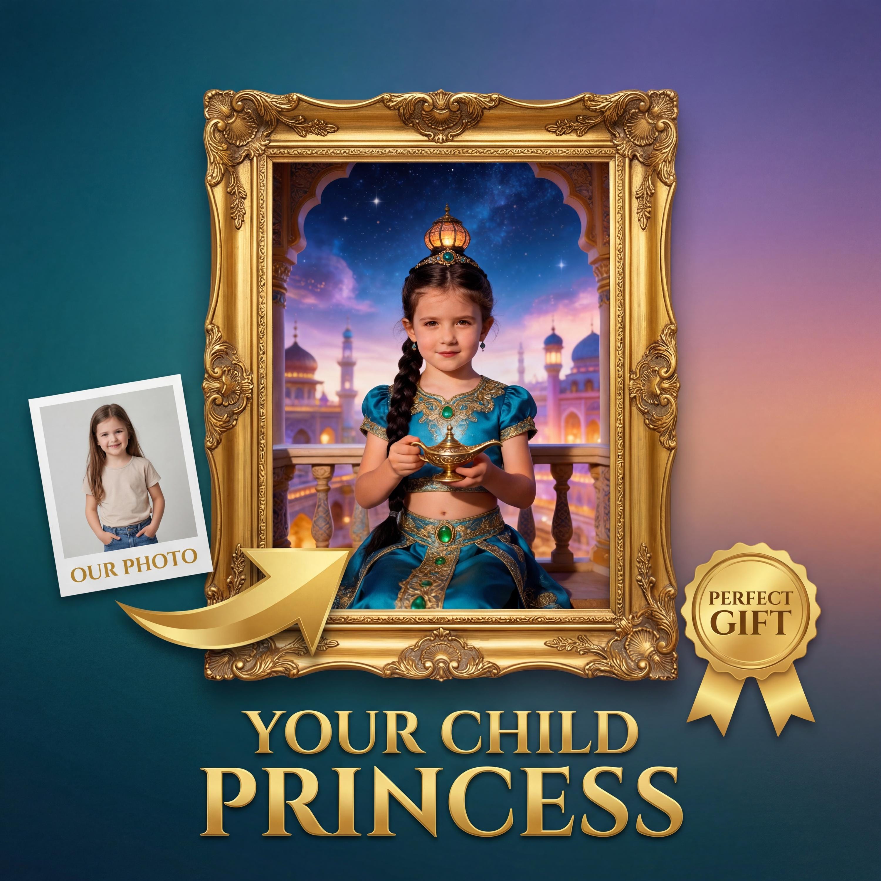 Custom Jasmine Portrait From Photo, Personalized Aladdin Princess Gift for Girl, Arabian Wall Art - Image 1