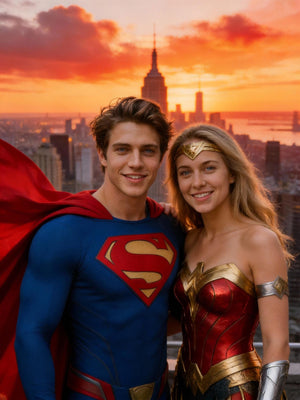 Custom Superman Couple Portrait, Personalised Wonder Woman Gift, Metropolis Wall Art - Image 2