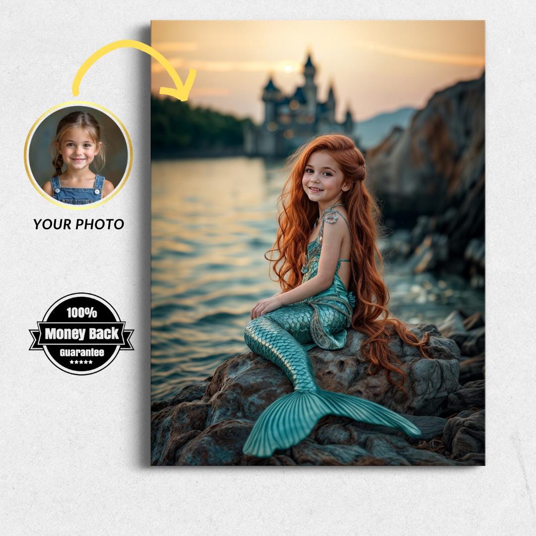 Personalized Mermaid Portrait: Custom Princess Art, Kids Birthday Gift (Digital File) - Image 1