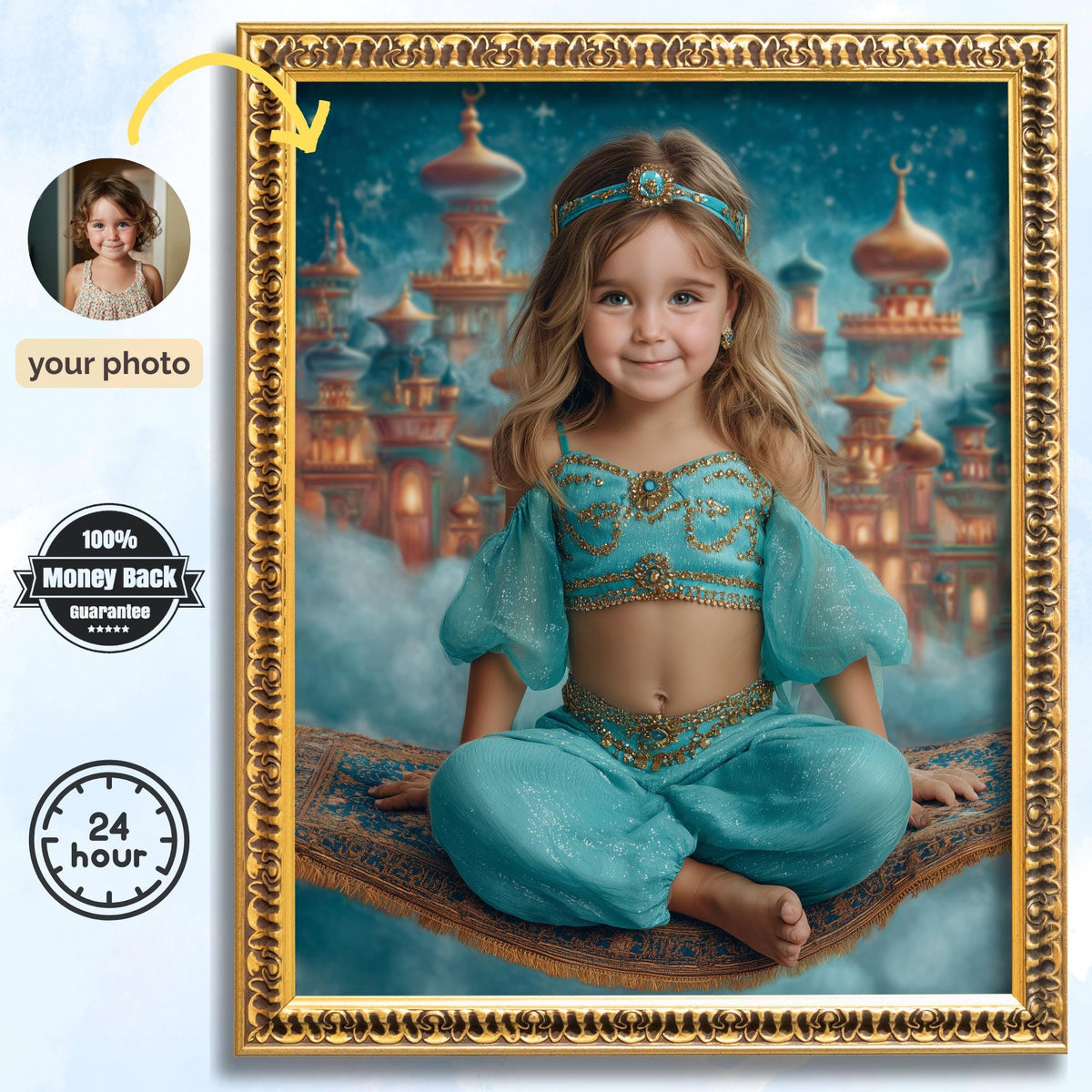 Custom Jasmine Portrait Digital or Canvas Print, Fantasy Princess Child Artwork Gift - Image 1