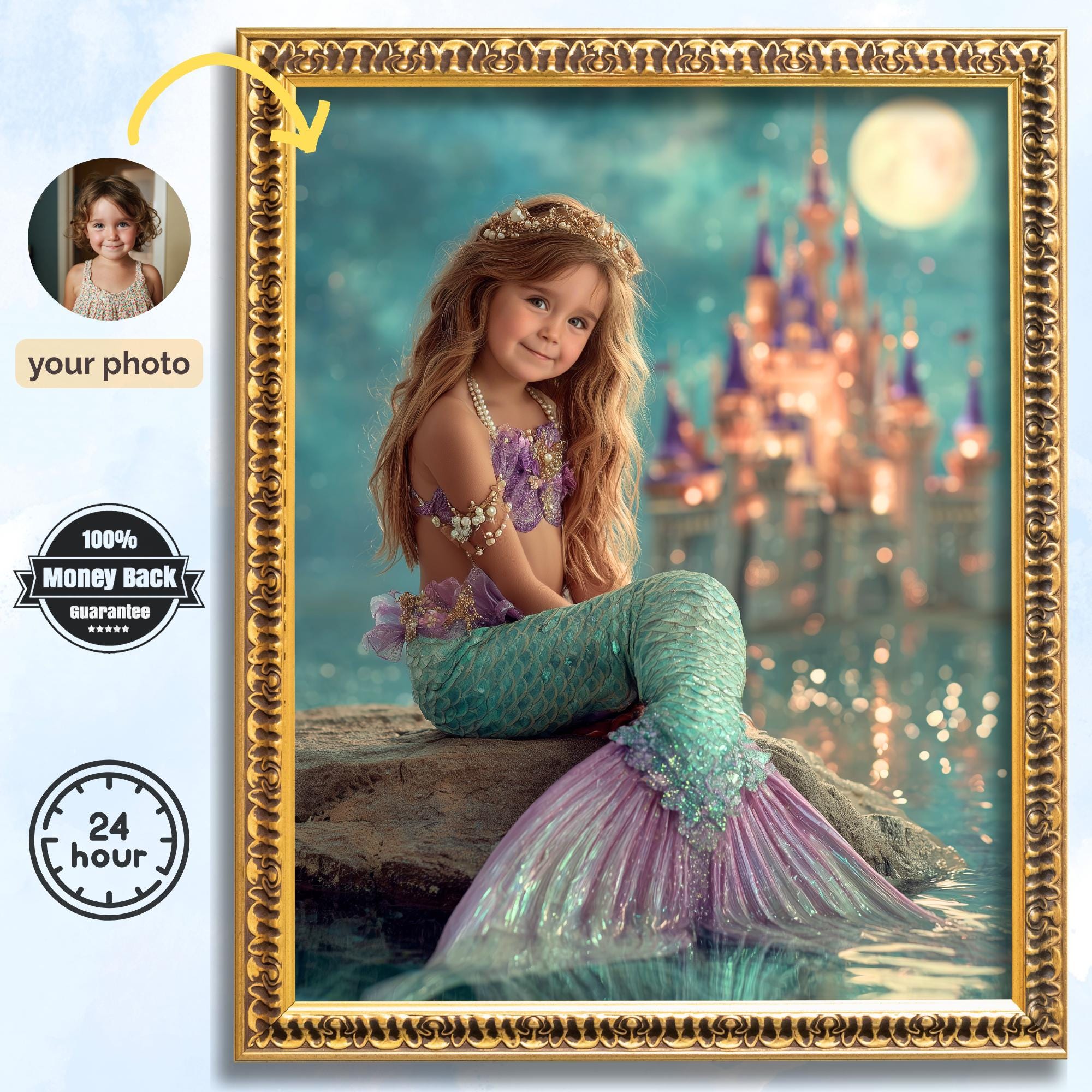 Custom Mermaid Portrait: Fantasy Princess Child Art, Digital or Canvas - Image 1
