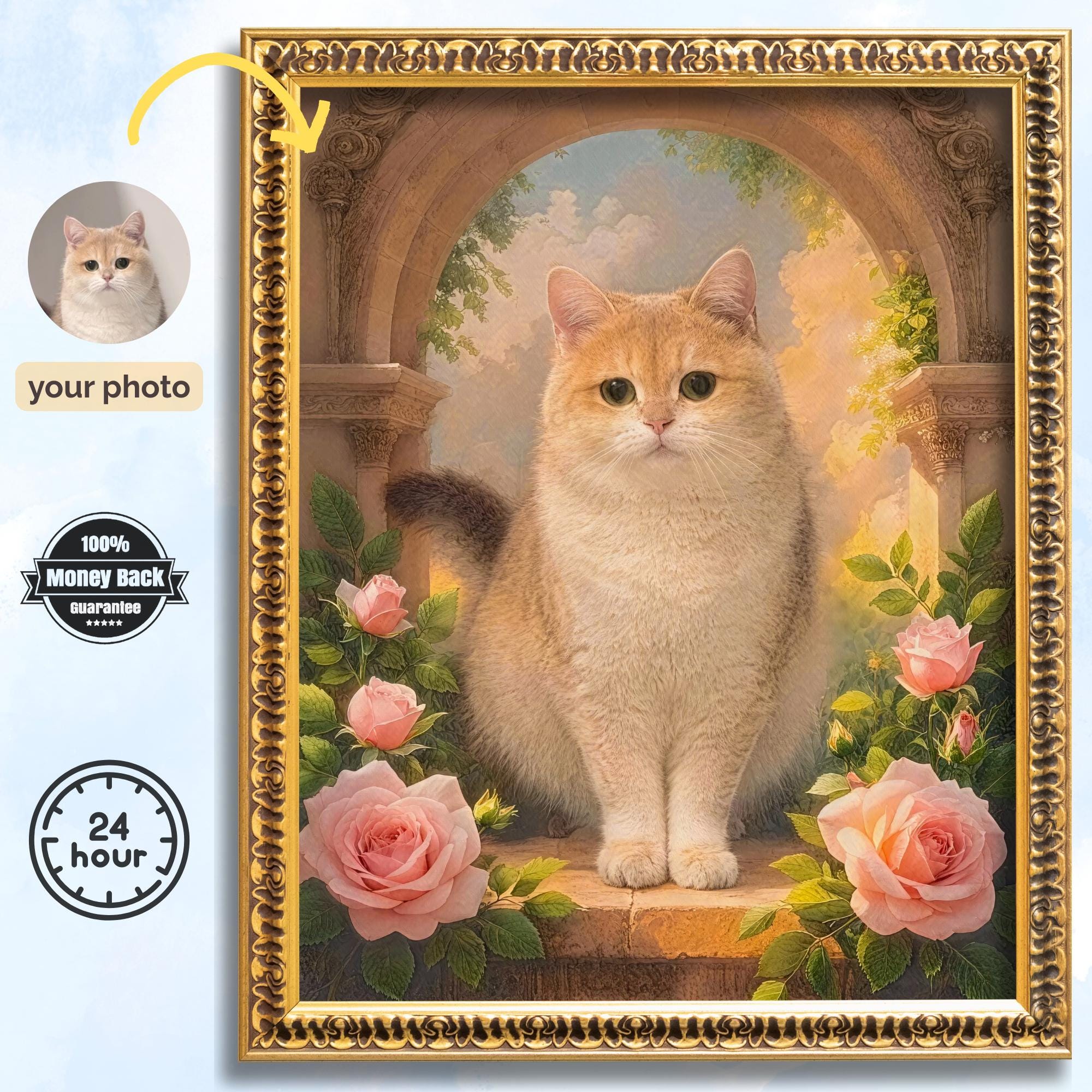 Custom Cat Portrait Canvas - Baroque Garden Style Pet Memorial - Image 1