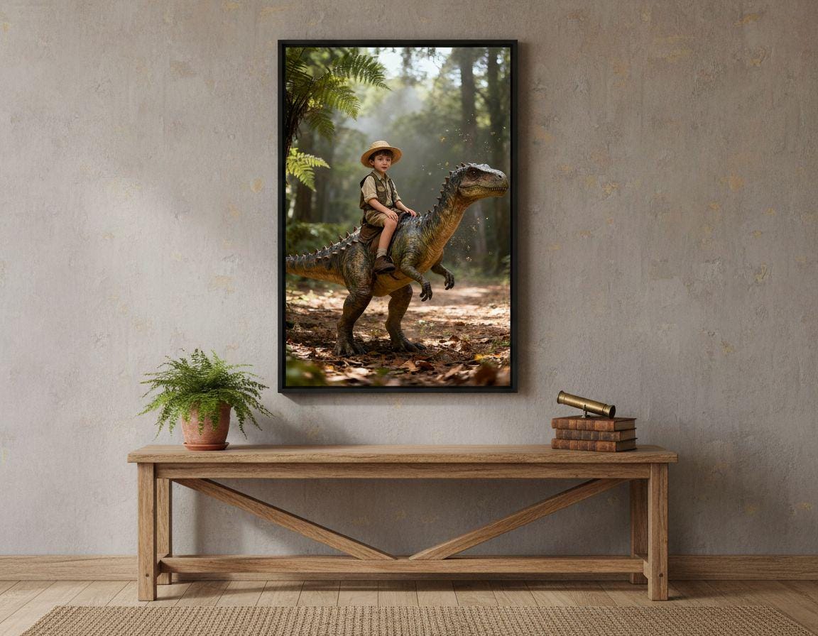 Custom Dinosaur Portrait | Boy Riding Stegosaurus Art | Prehistoric Forest Decor | Digital Download - Image 5