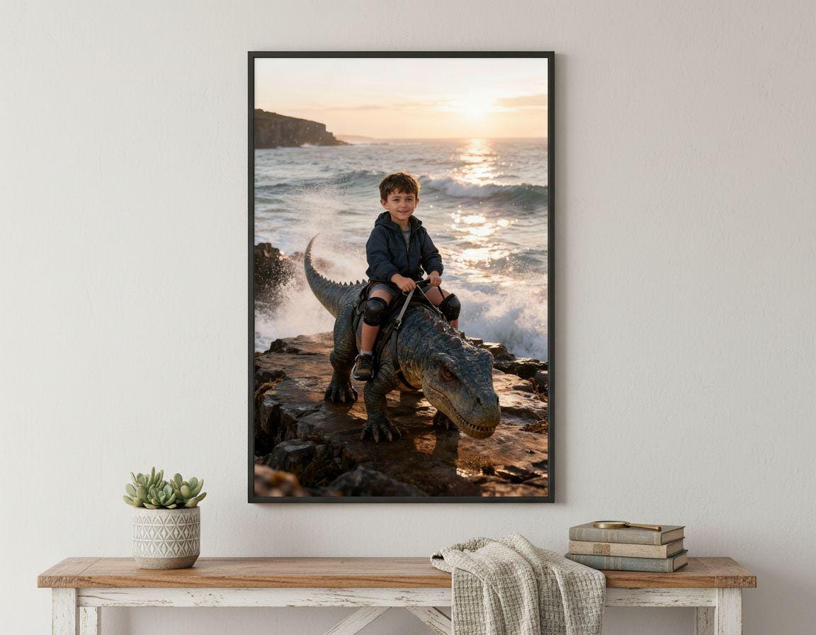 Custom Dinosaur Portrait | Boy Riding Pachycephalosaurus | Coastal Prehistoric Art | Digital Download - Image 7
