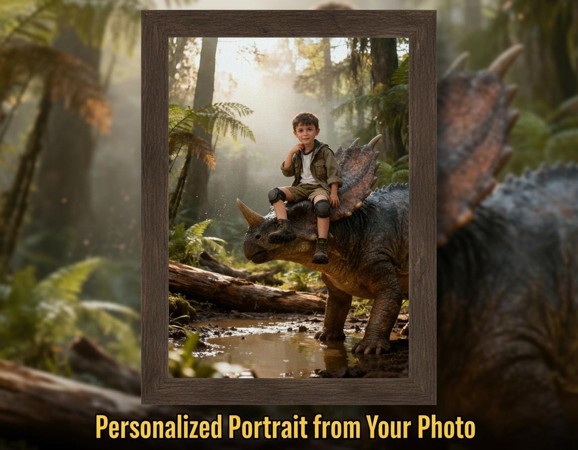 Custom Dinosaur Portrait | Boy Riding Triceratops Art | Misty Forest Decor | Digital Download - Image 1