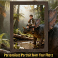 Custom Dinosaur Portrait | Boy Riding Triceratops Art | Misty Forest Decor | Digital Download - Image 1