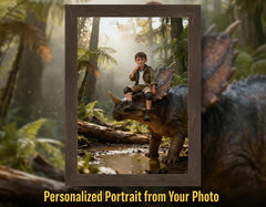Custom Dinosaur Portrait | Boy Riding Triceratops Art | Misty Forest Decor | Digital Download - Image 1