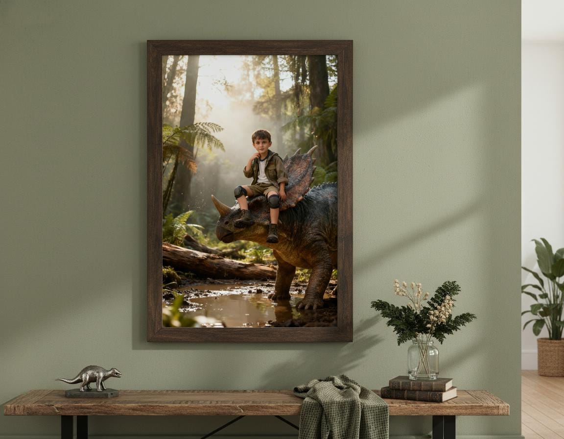 Custom Dinosaur Portrait | Boy Riding Triceratops Art | Misty Forest Decor | Digital Download - Image 9