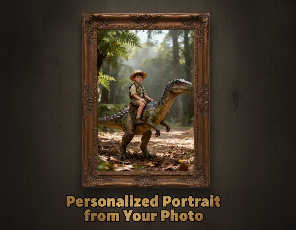 Custom Dinosaur Portrait | Boy Riding Stegosaurus Art | Prehistoric Forest Decor | Digital Download - Image 1