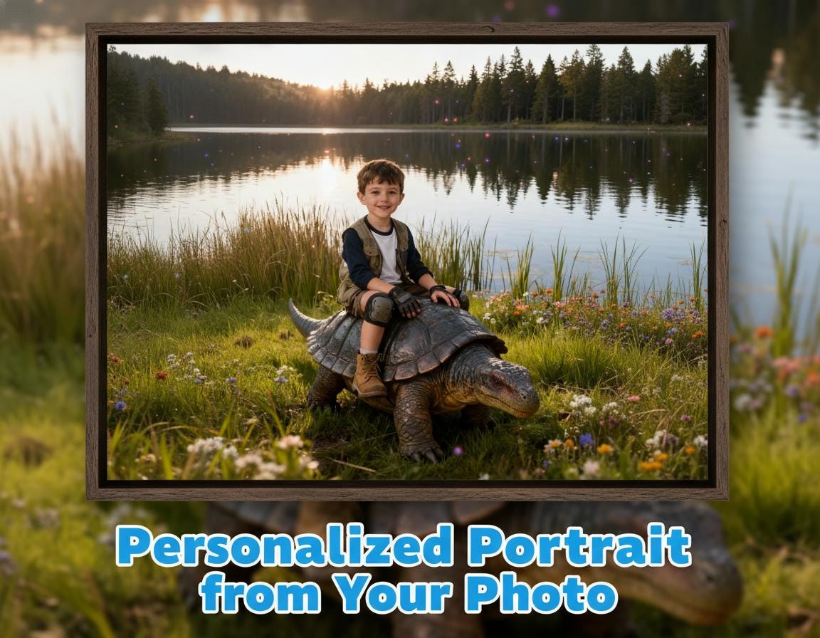 Custom Dinosaur Portrait | Boy Riding Ankylosaurus Art | Lakeside Prehistoric Decor | Digital Download - Image 1