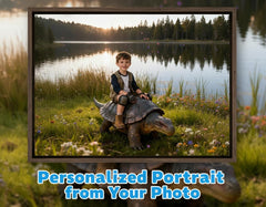 Custom Dinosaur Portrait | Boy Riding Ankylosaurus Art | Lakeside Prehistoric Decor | Digital Download - Image 1