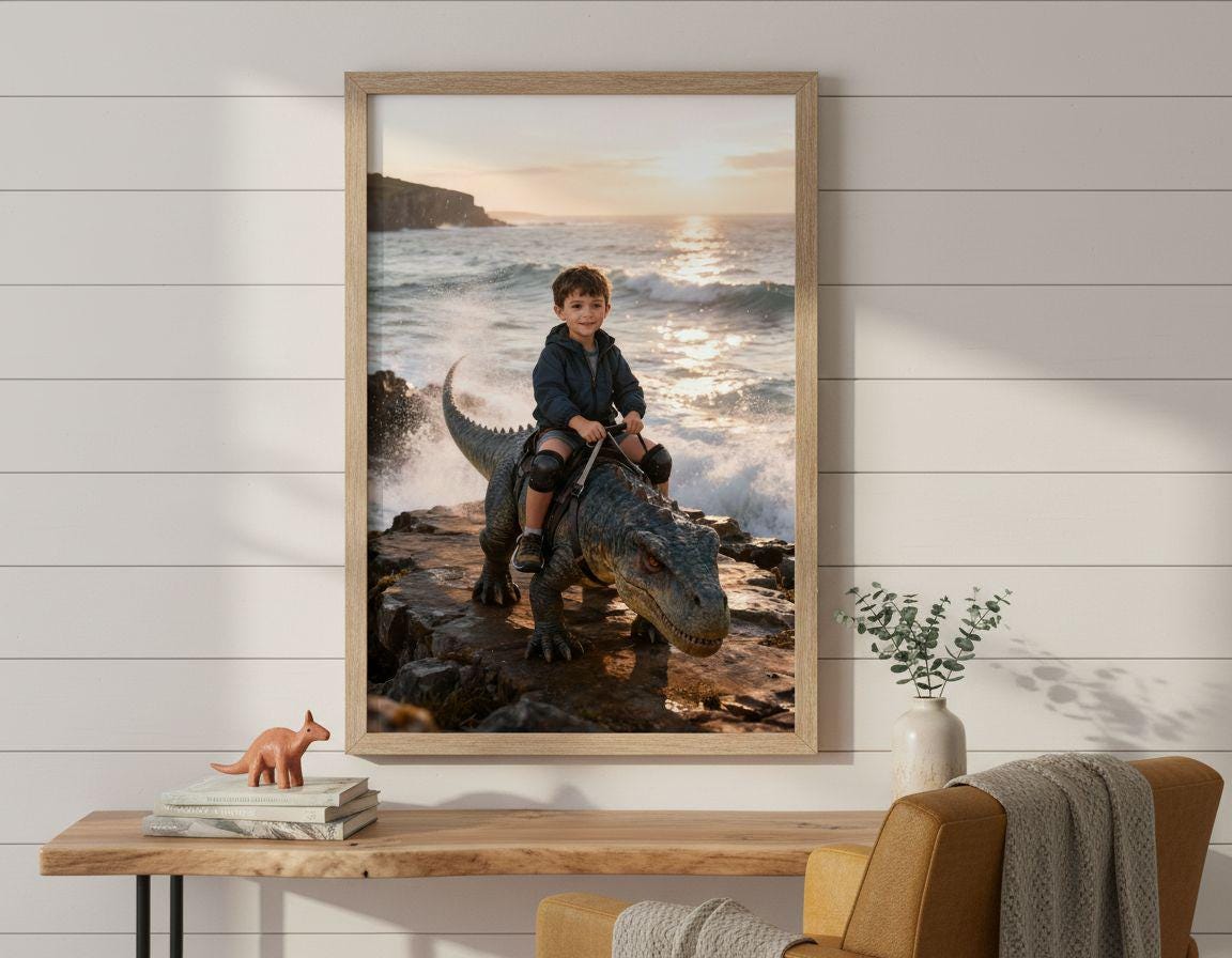 Custom Dinosaur Portrait | Boy Riding Pachycephalosaurus | Coastal Prehistoric Art | Digital Download - Image 9