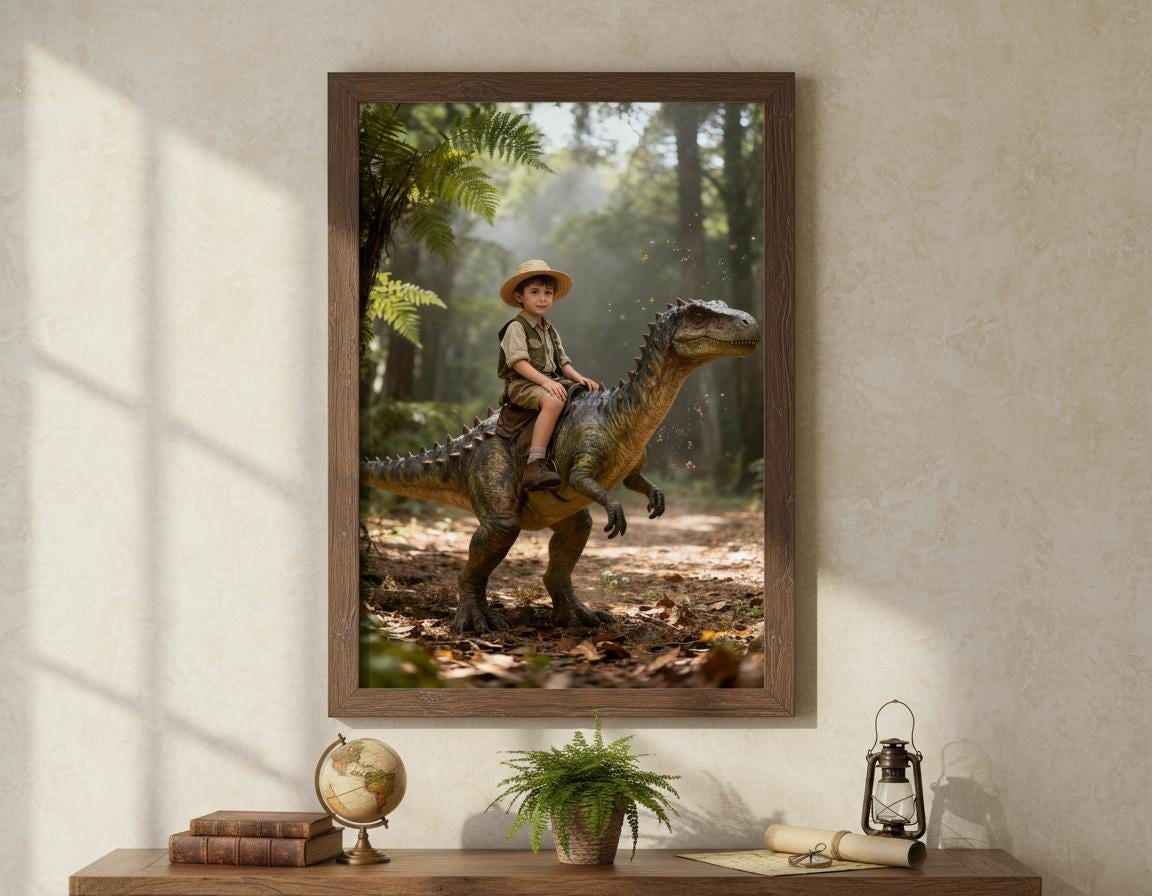 Custom Dinosaur Portrait | Boy Riding Stegosaurus Art | Prehistoric Forest Decor | Digital Download - Image 9