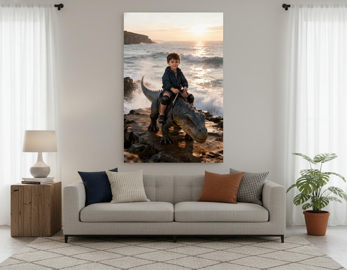 Custom Dinosaur Portrait | Boy Riding Pachycephalosaurus | Coastal Prehistoric Art | Digital Download - Image 8