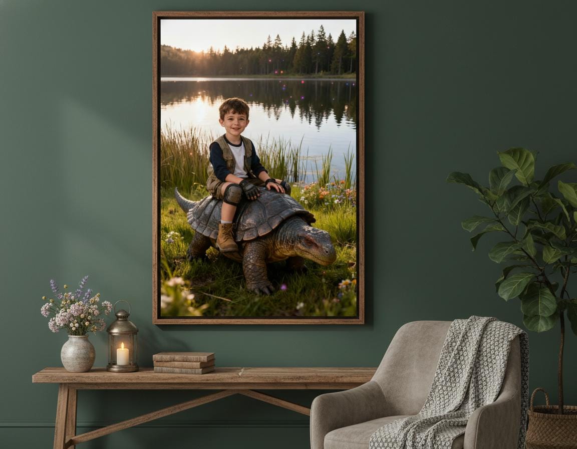 Custom Dinosaur Portrait | Boy Riding Ankylosaurus Art | Lakeside Prehistoric Decor | Digital Download - Image 8