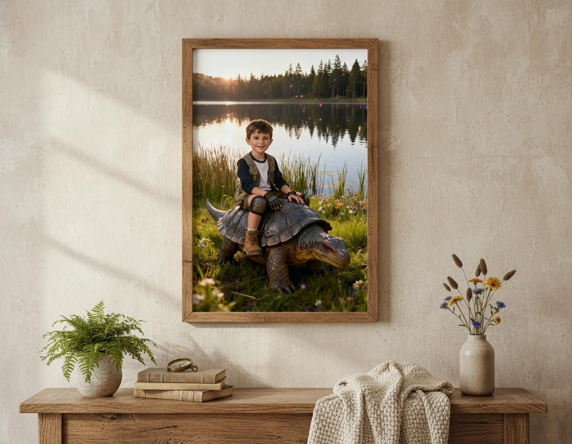 Custom Dinosaur Portrait | Boy Riding Ankylosaurus Art | Lakeside Prehistoric Decor | Digital Download - Image 9