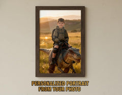 Custom Dinosaur Portrait | Boy Riding Parasaurolophus | Grassland Adventure Art | Digital Download - Image 1