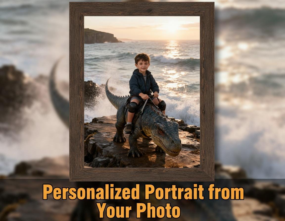 Custom Dinosaur Portrait | Boy Riding Pachycephalosaurus | Coastal Prehistoric Art | Digital Download - Image 1