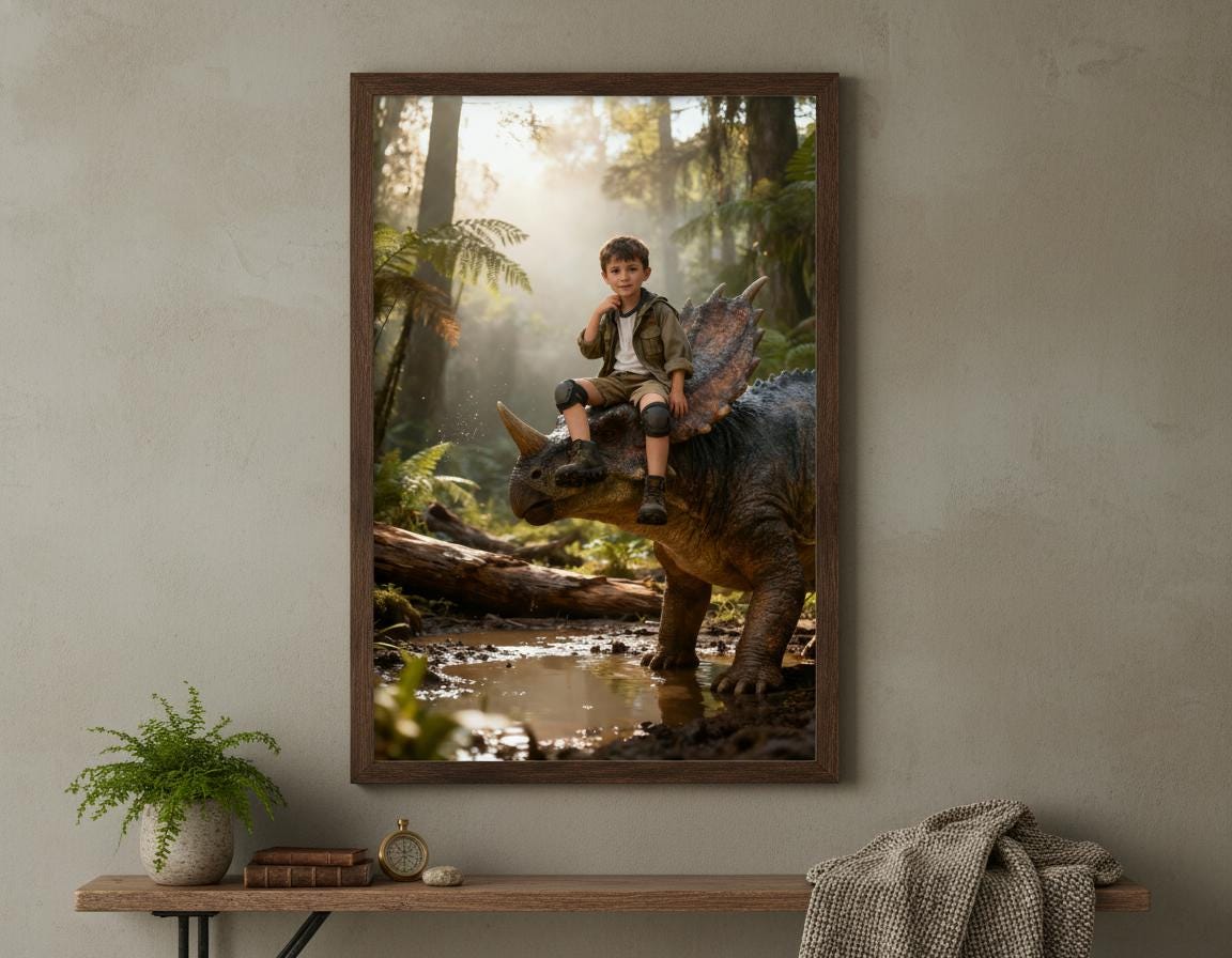 Custom Dinosaur Portrait | Boy Riding Triceratops Art | Misty Forest Decor | Digital Download - Image 7