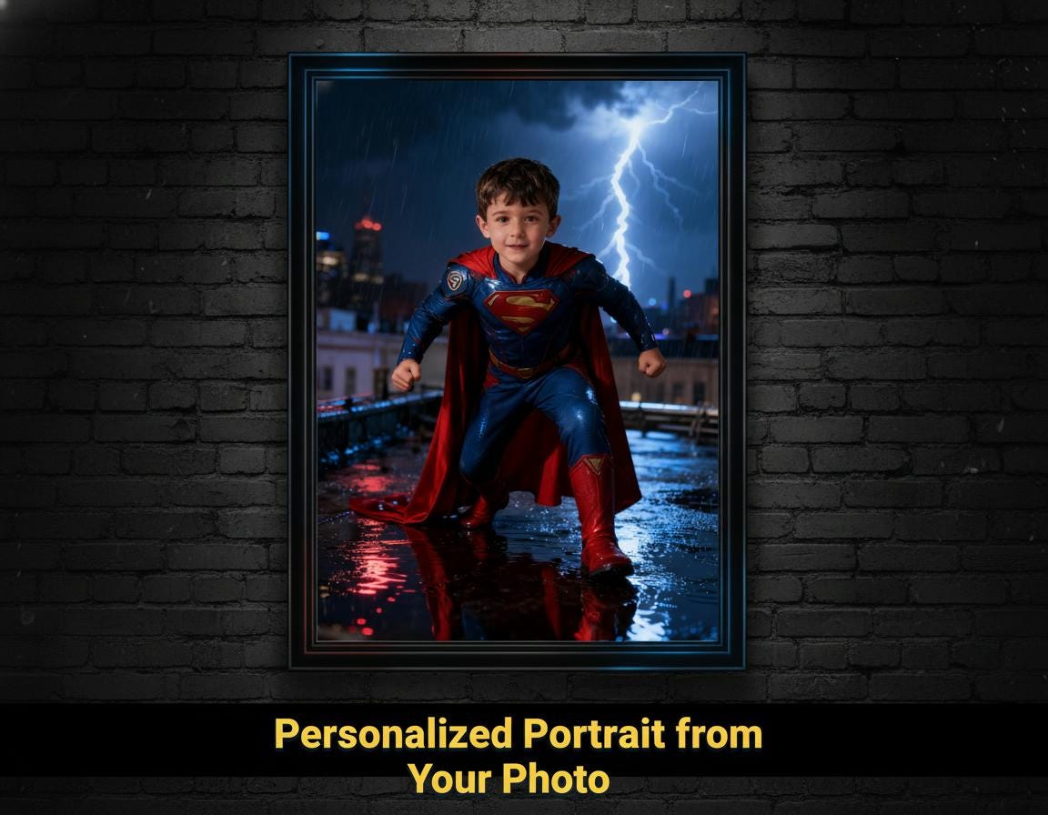 Custom Superman Portrait | Stormy Rooftop Scene | Dramatic Hero Art | Digital Download - Image 1