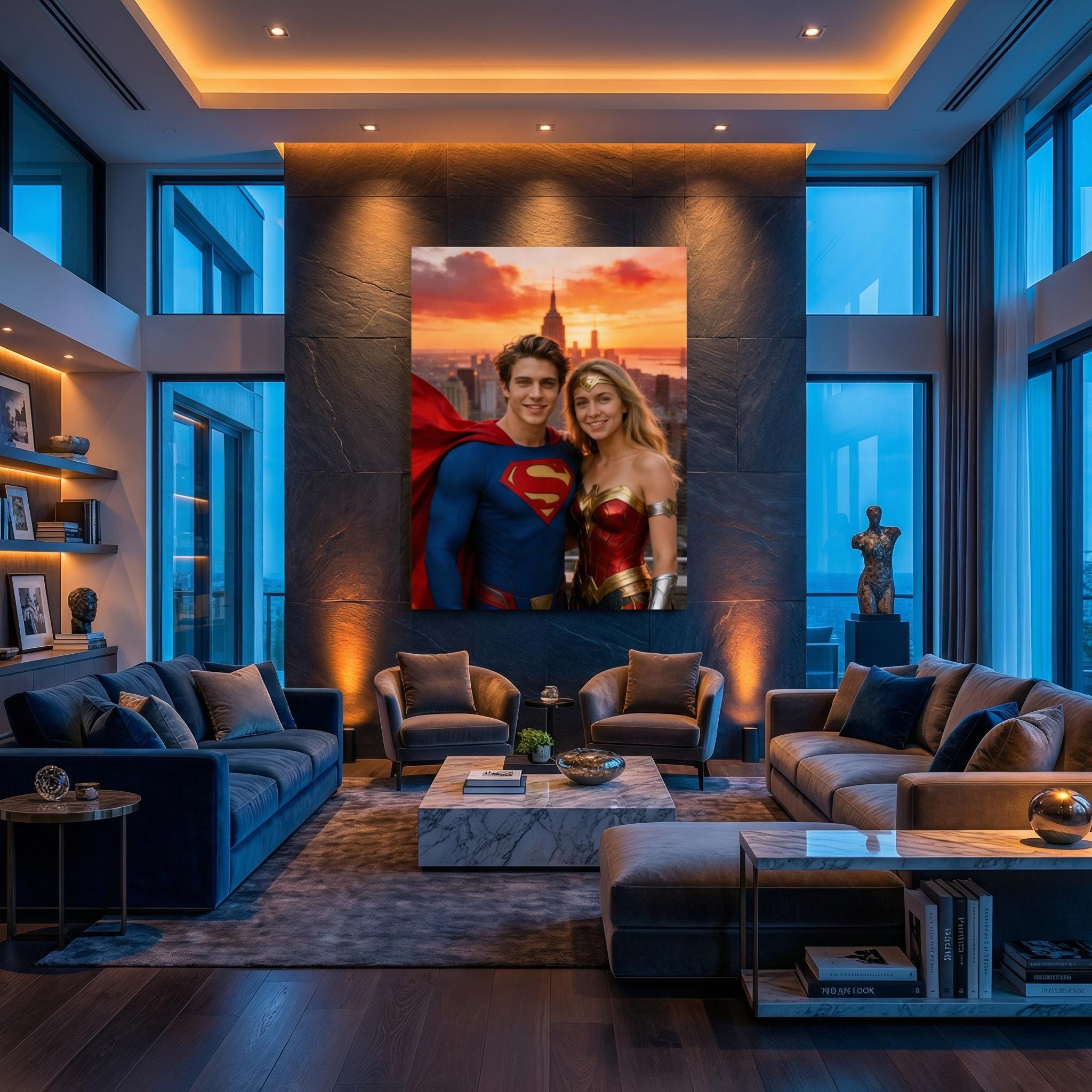 Custom Superman Couple Portrait, Personalised Wonder Woman Gift, Metropolis Wall Art - Image 7