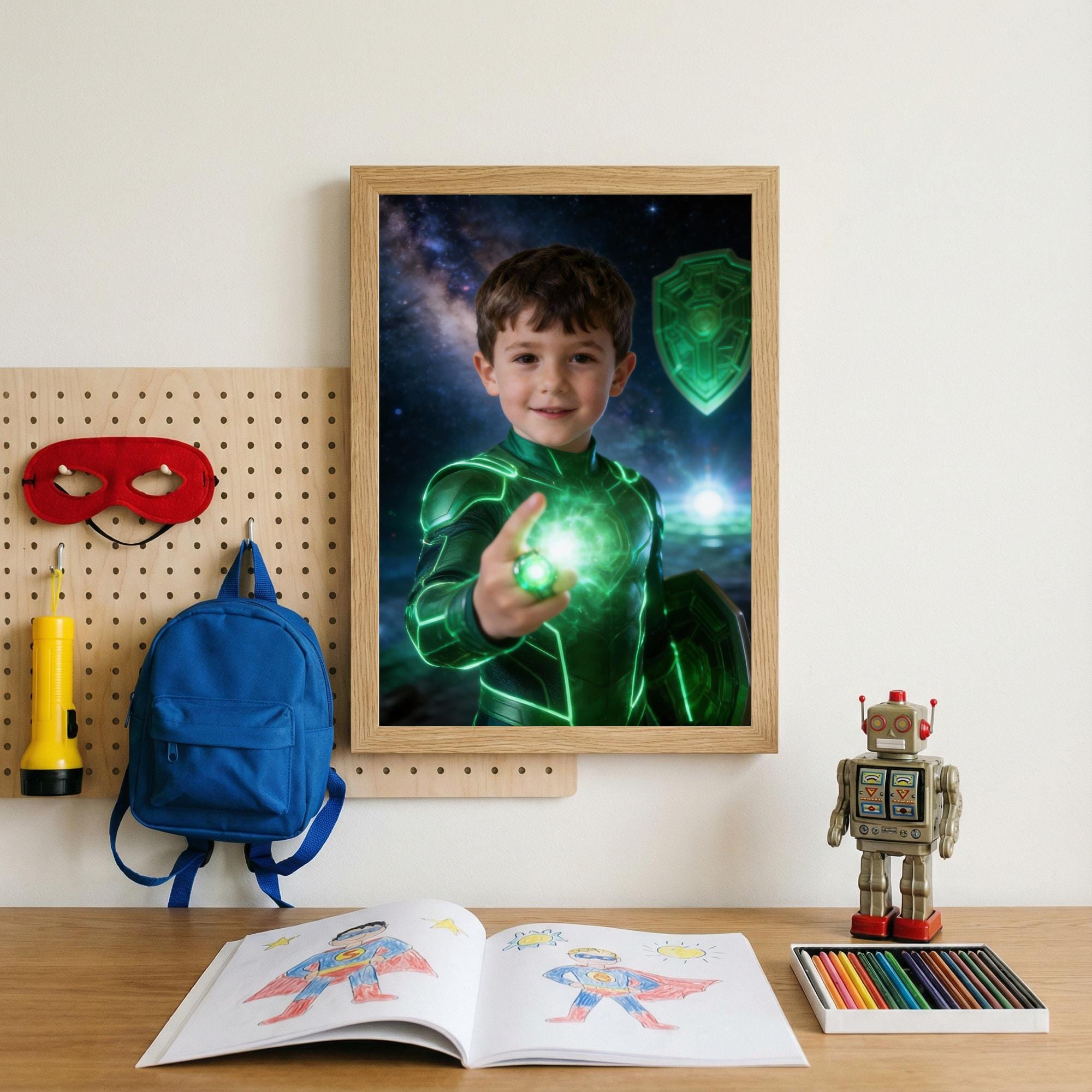 Custom Green Lantern Superhero Portrait, Willpower Hero Gift, Space Nebula Kids Wall Art, Emerald Knight Birthday Gift, Ring Art - Image 7
