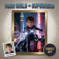 Personalized Iron Spider Portrait, Rainy Neon City Art, Boy Superhero Gift - Image 1