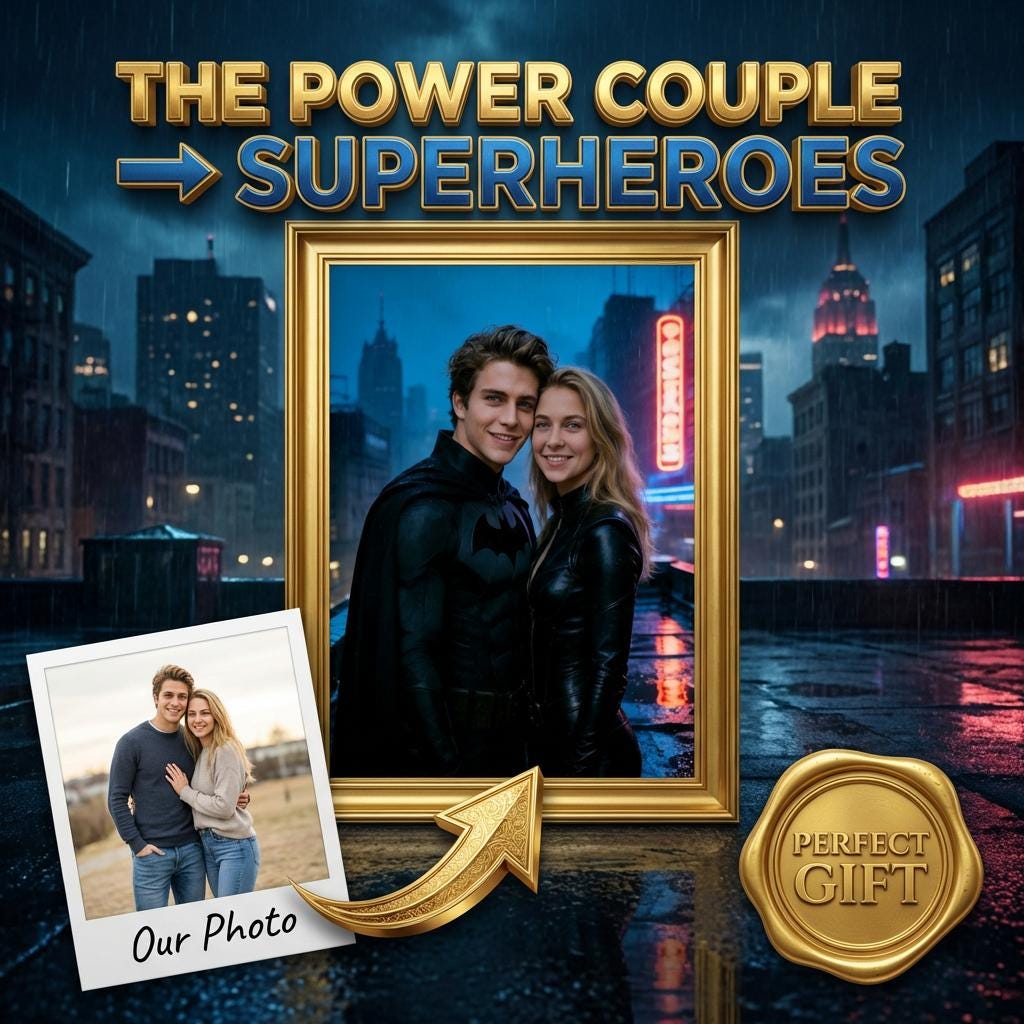 Custom Batman Couple Portrait, Personalised Dark Knight Gift for Him, Gotham Wall Art - Image 1