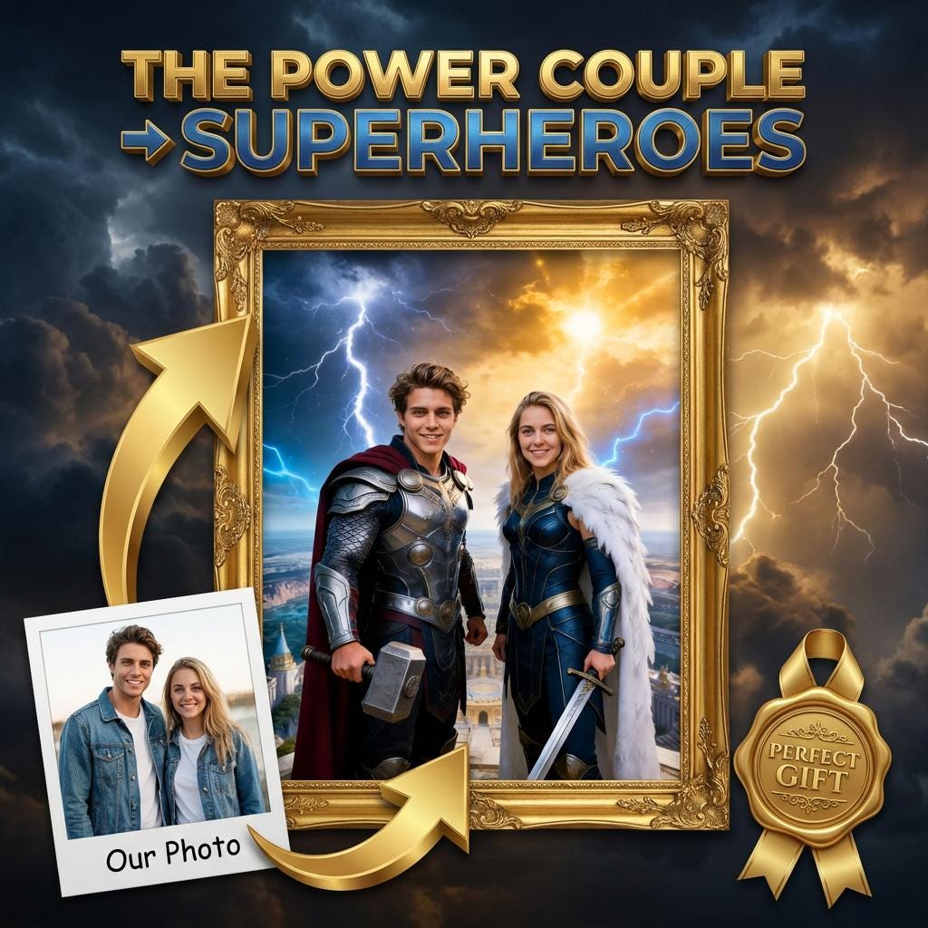 Custom Thor Couple Portrait, Personalised God of Thunder Gift, Asgard Wall Art - Image 1