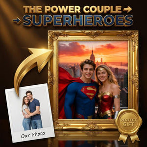 Custom Superman Couple Portrait, Personalised Wonder Woman Gift, Metropolis Wall Art - Image 1