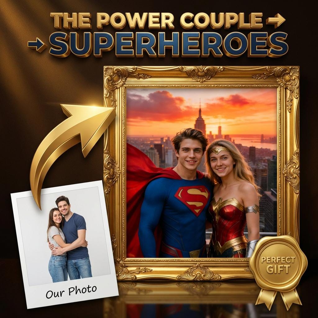 Custom Superman Couple Portrait, Personalised Wonder Woman Gift, Metropolis Wall Art - Image 1