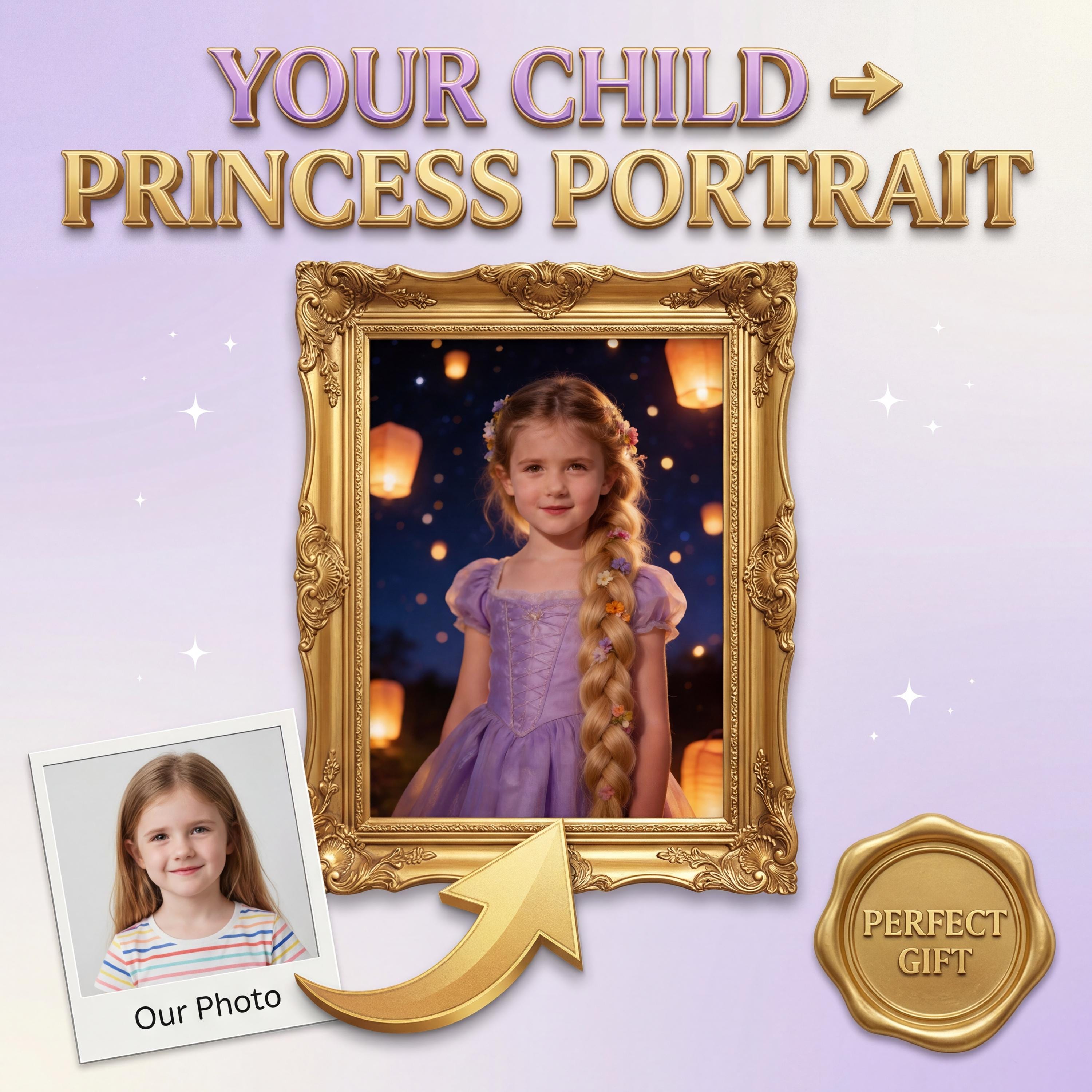 Custom Rapunzel Portrait From Photo, Personalized Tangled Princess Gift, Lantern Festival Wall Art - Image 1