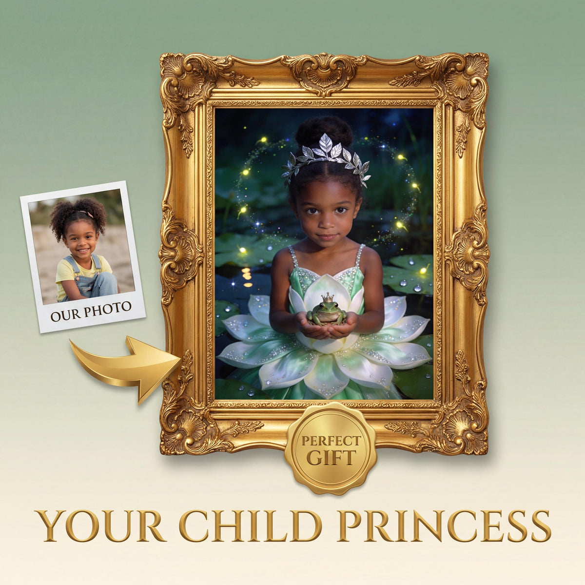 Custom Tiana Portrait From Photo, Personalized Princess and the Frog Gift, African American Wall Art - Image 1